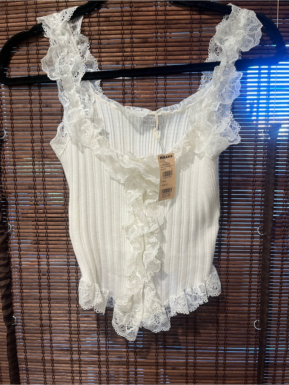 Tilly's White Ribbed Lace-Trim Ruffle Crop Top